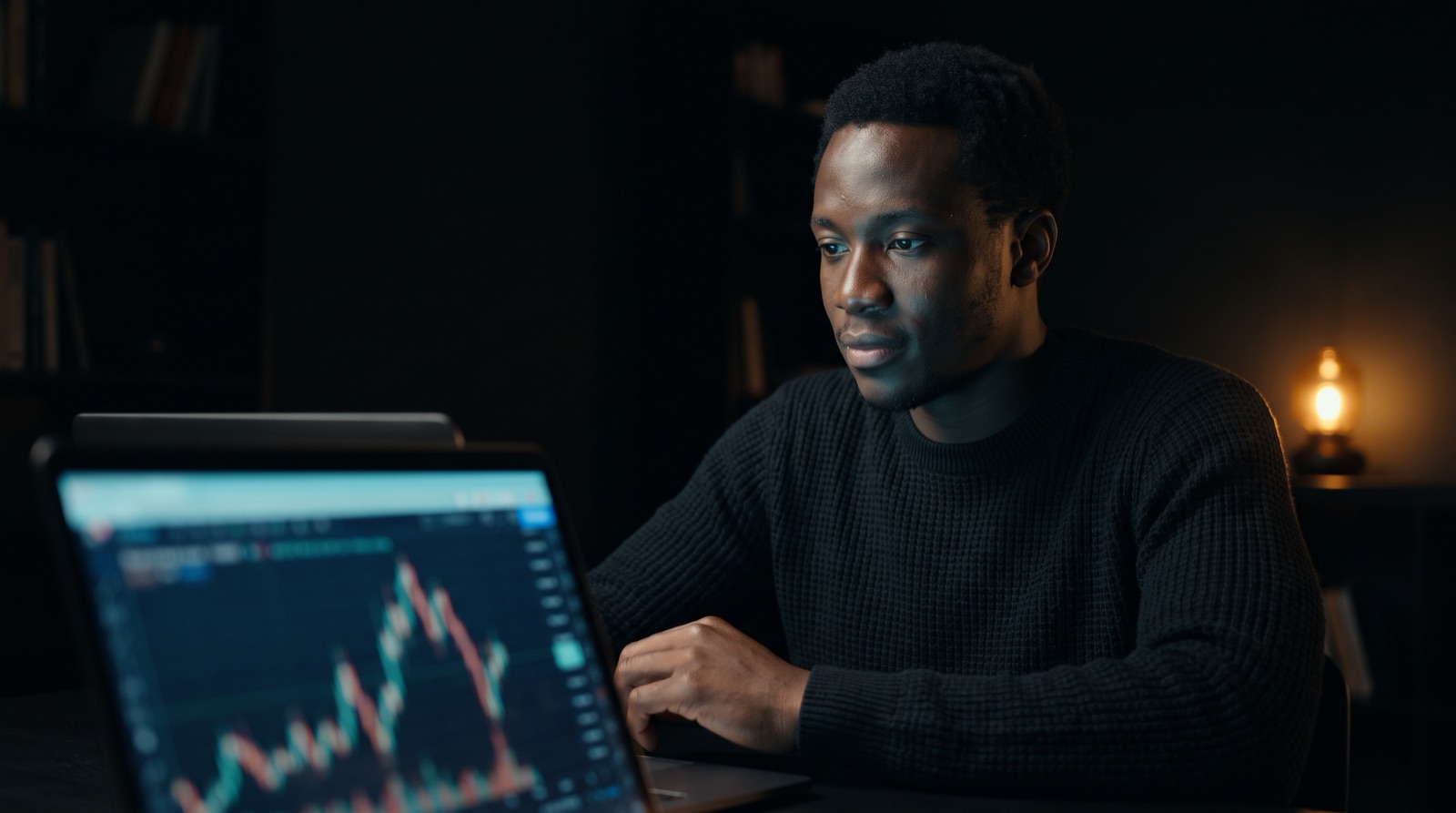 Un trader concentré devant son ordinateur portable, de nuit
