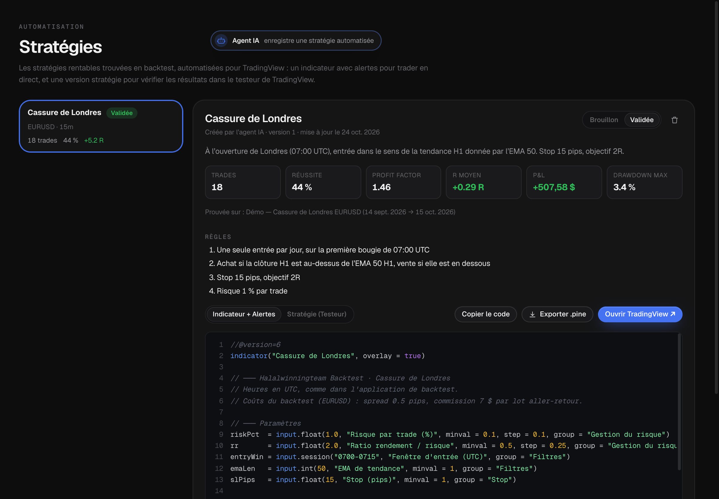 Page Stratégies avec le code Pine Script